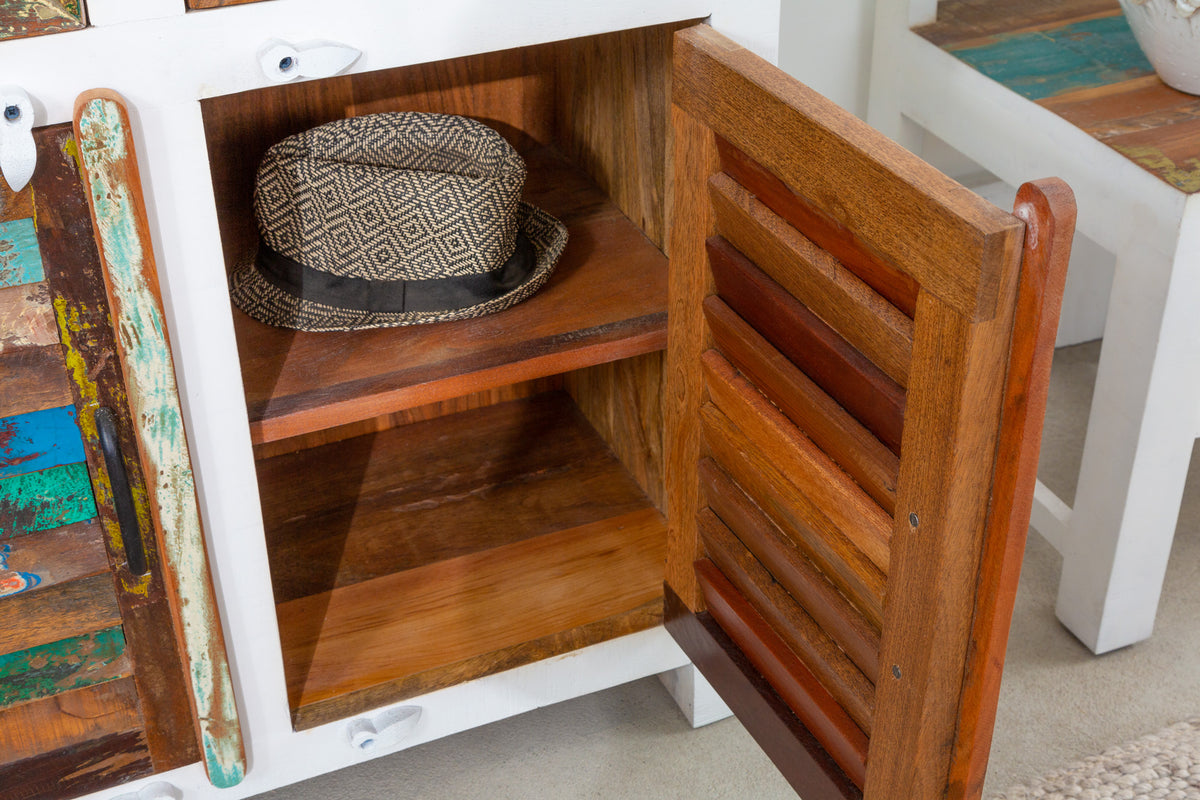 JAKARTA Einzigartiges Sideboard 124cm Mango weiß bunt recyceltes Massivholz aus Fischerbooten