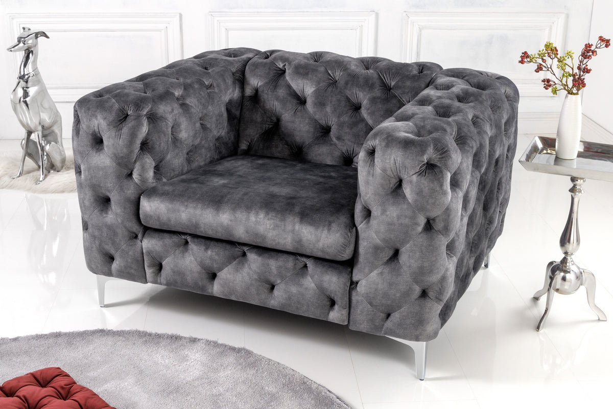 Design Chesterfield Sessel MODERN BAROCK 120cm dunkelgrau Samt