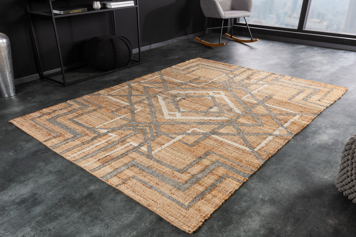 AZTECA Handgewebter Teppich 230x160cm beige grau aus Hanf und Wolle geometrische Muster