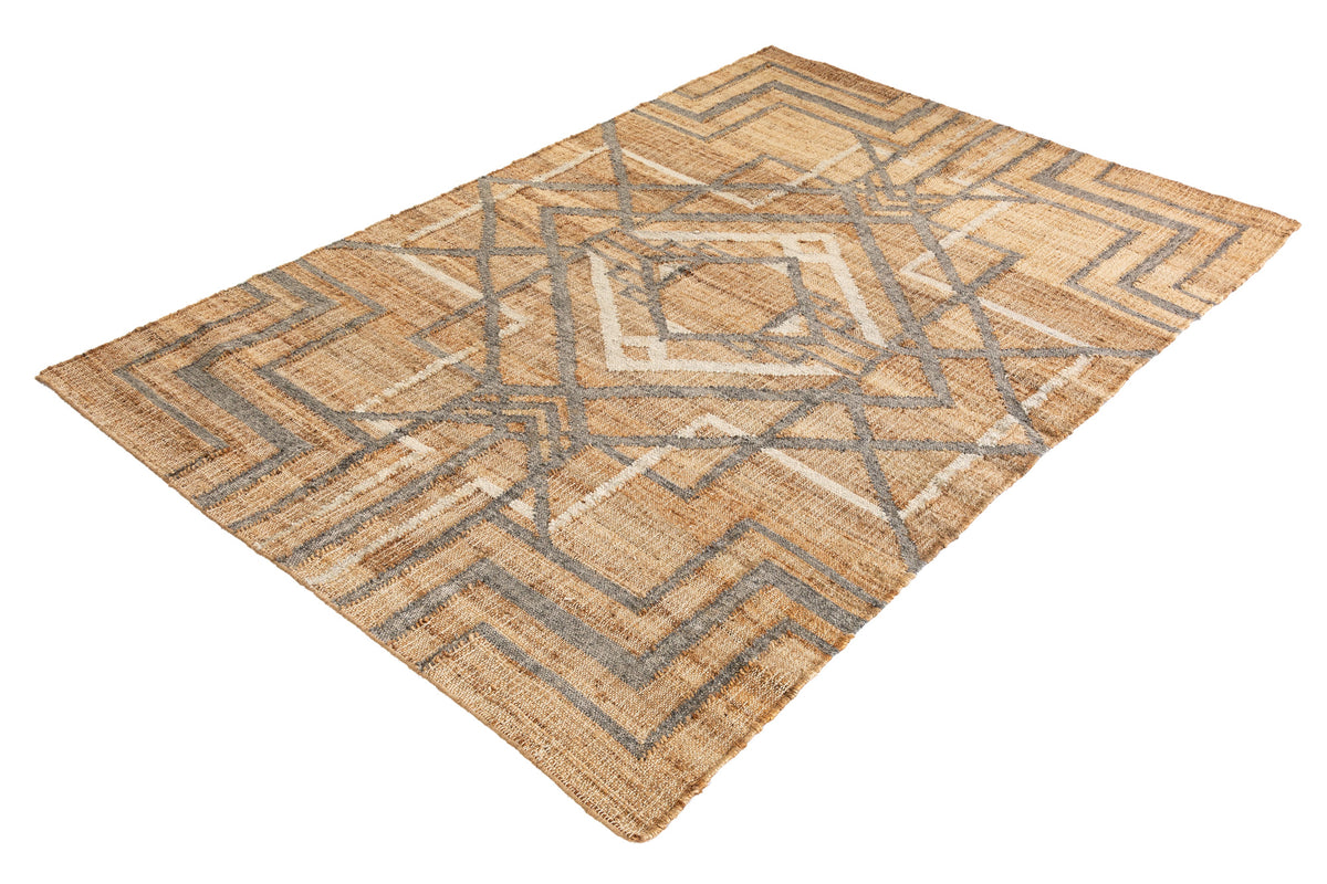 AZTECA Handgewebter Teppich 230x160cm beige grau aus Hanf und Wolle geometrische Muster