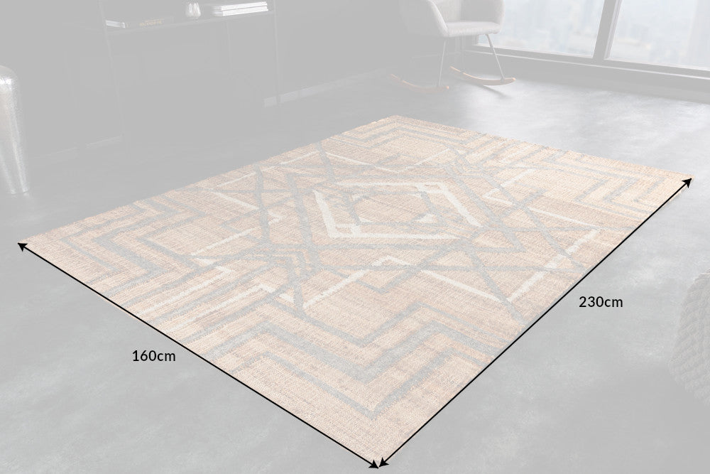 AZTECA Handgewebter Teppich 230x160cm beige grau aus Hanf und Wolle geometrische Muster