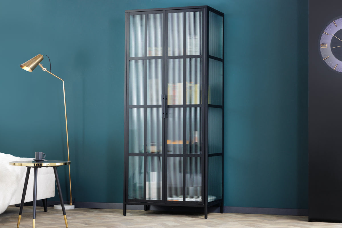 DURA STEEL Industrial Vitrine 180cm schwarz Metall Riffelglas Highboard