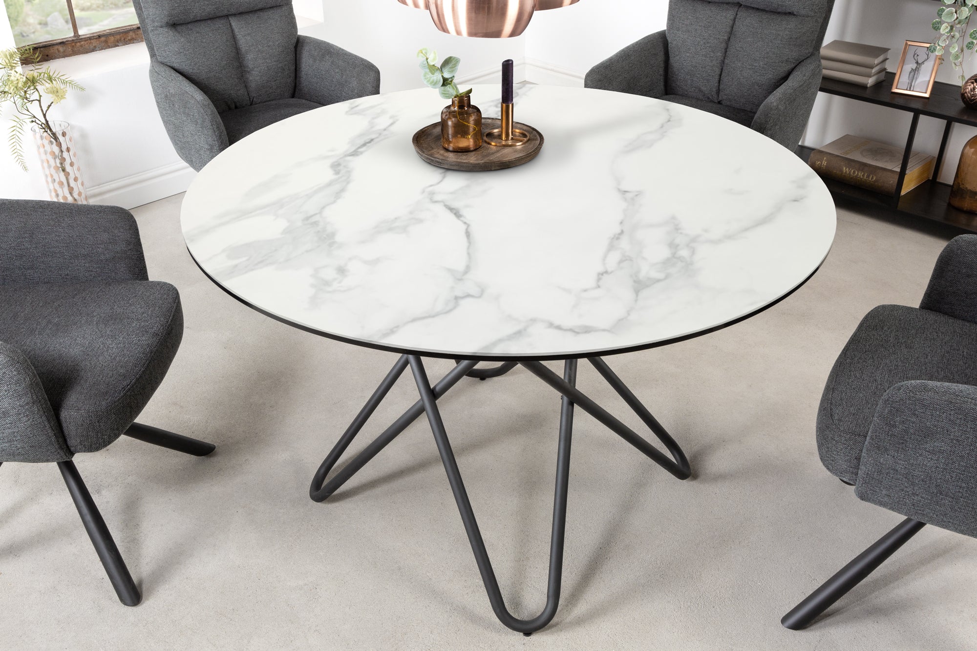 ELLIPSE Round Dining Table 120cm Marble White Ceramic Hairpin Legs made in Italy