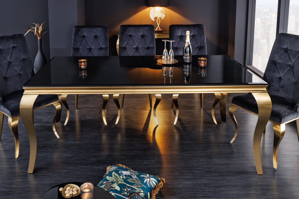 MODERN BAROCK Eleganter Design Esstisch 200cm schwarz gold Edelstahl Opalglas Tischplatte