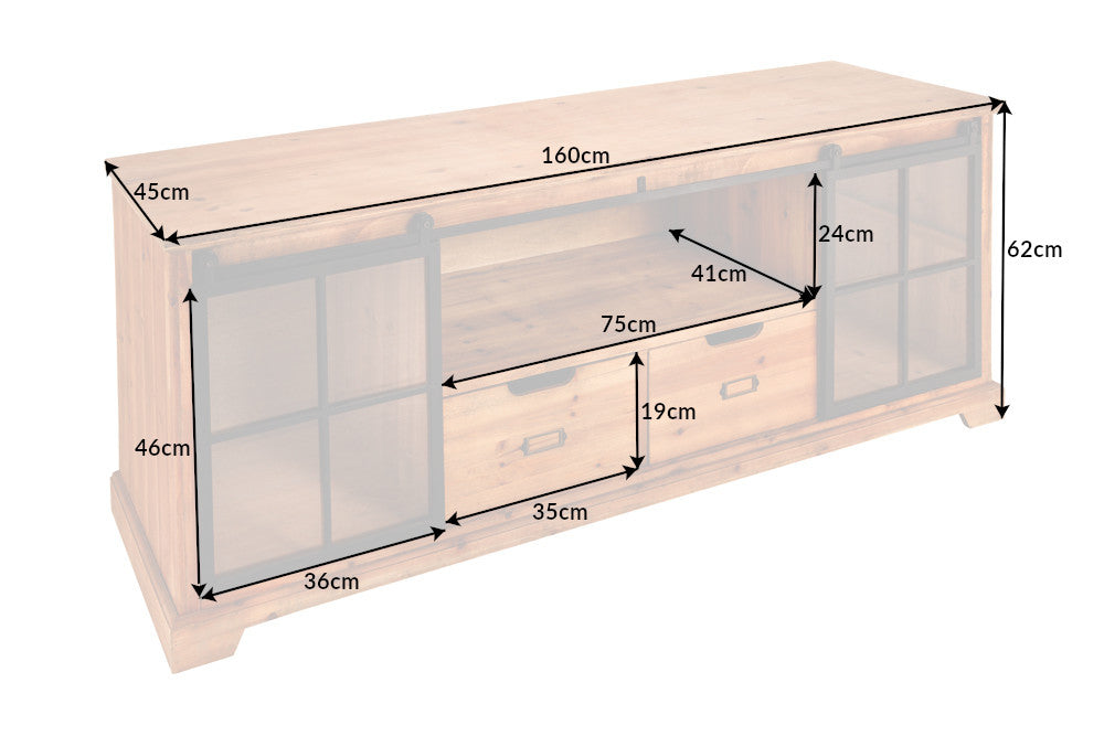 HERITAGE Solid lowboard 160cm natural pine industrial doors metal display cabinet