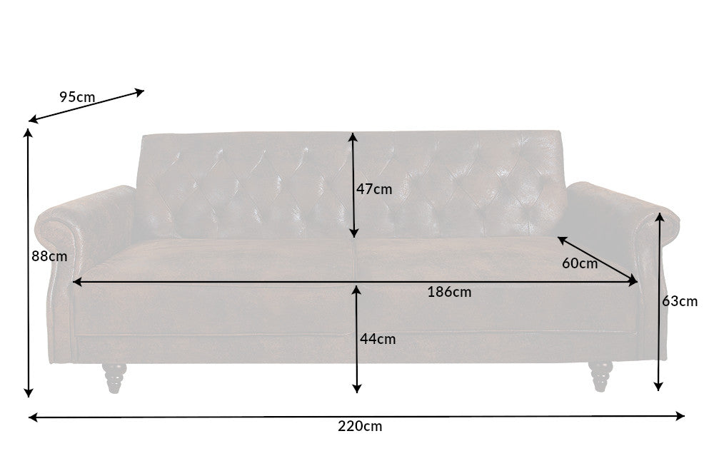 MAISON BELLE AFFAIRE Chesterfield 3er Sofa 220cm antik braun 3-Sitzer mit Schlaffunktion