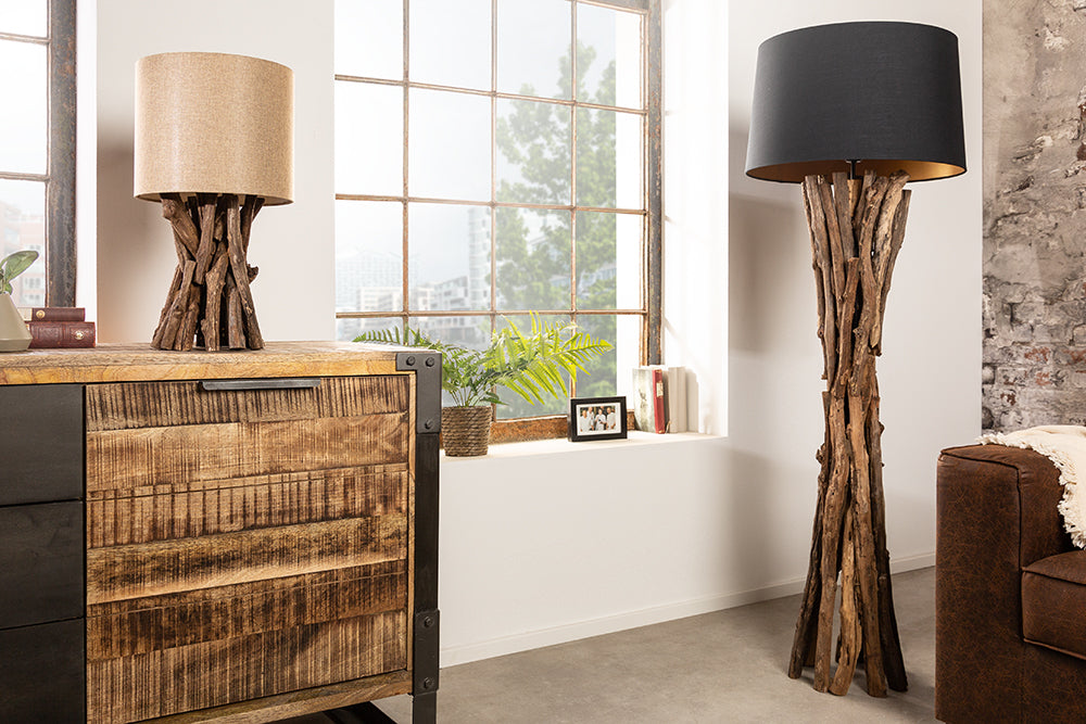 HARMONY solid wood floor lamp NATURE 151cm black teak with cotton shade