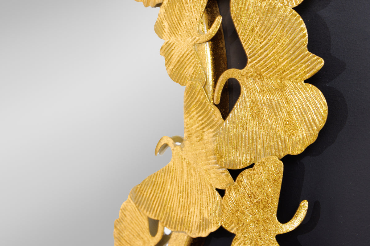 GINKGO LEAFS L Dekorativer Wandspiegel 70cm gold rund aus Metall handmade