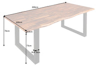 GENESIS Massivholz Baumstamm Esstisch 200cm braun geflammt Akazie Kufengestell Eisen Live Edge