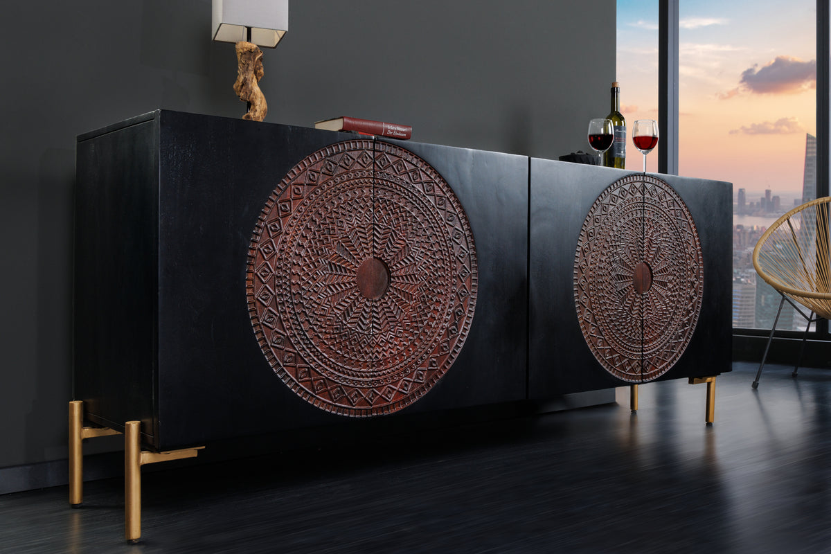 MANDALA Massives Sideboard 160cm Mangoholz schwarz goldene Füße