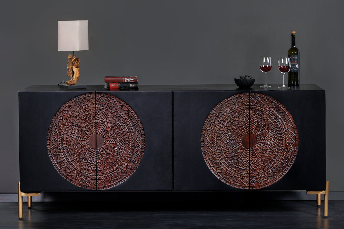 MANDALA Massives Sideboard 160cm Mangoholz schwarz goldene Füße