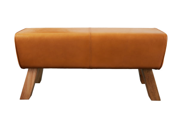 Design Sitzbank TURNBOCK 100cm cognac Echtleder Mangoholz Retro Sitzhocker