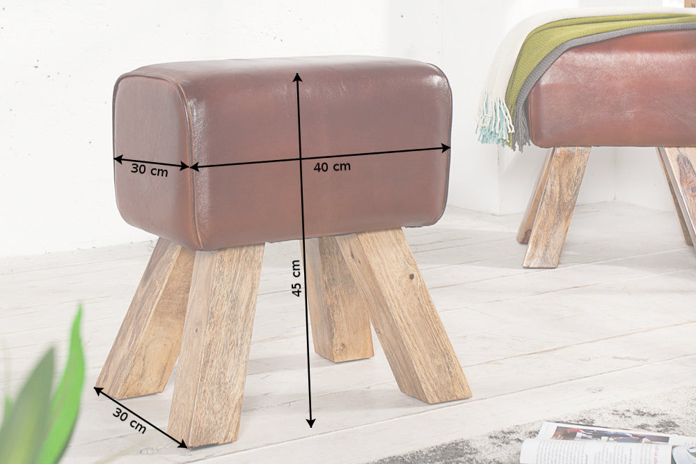 TURNBOCK Retro Sitzhocker 40cm mit Echtleder Bezug Mangoholz Hocker