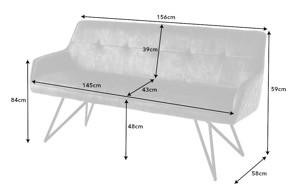 EUPHORIA Design Sitzbank 160cm Samt Retrostil Ziersteppung Hairpin Legs Metallbeine Armlehnen