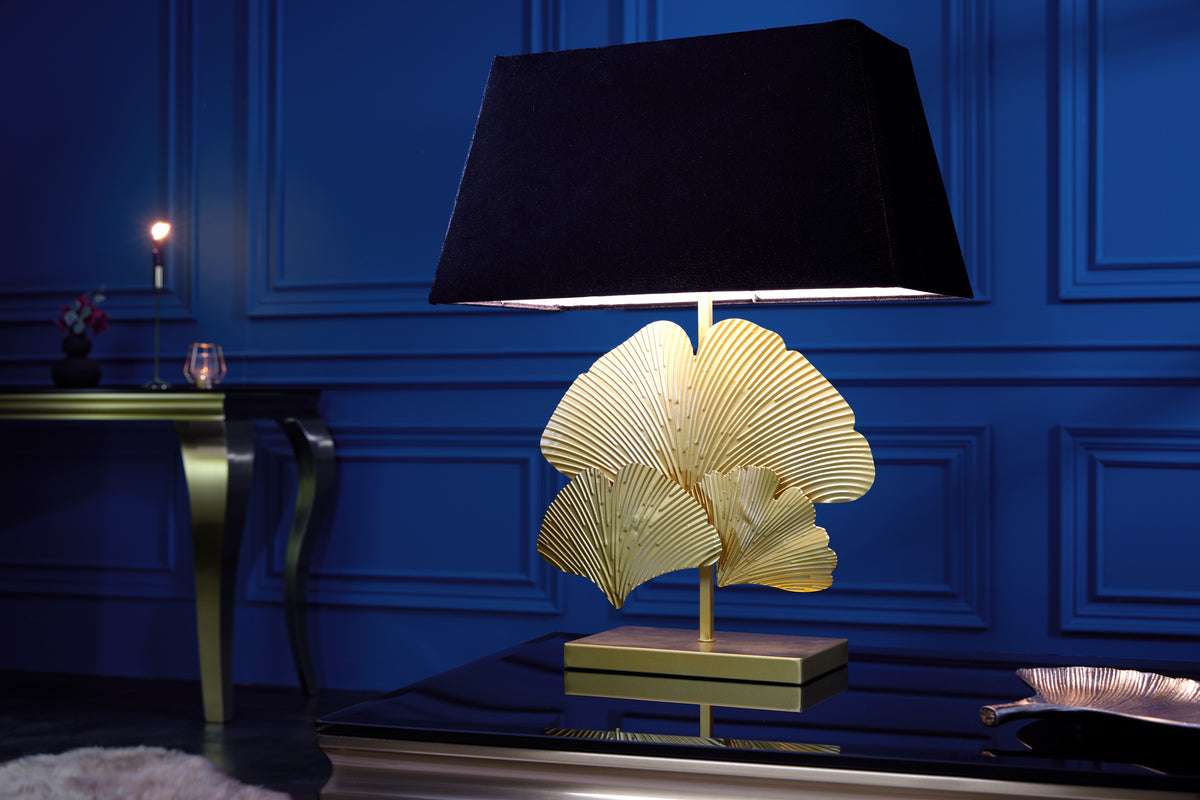 Design Tischlampe GINKGO 60cm gold schwarz Metall Stoffschirm