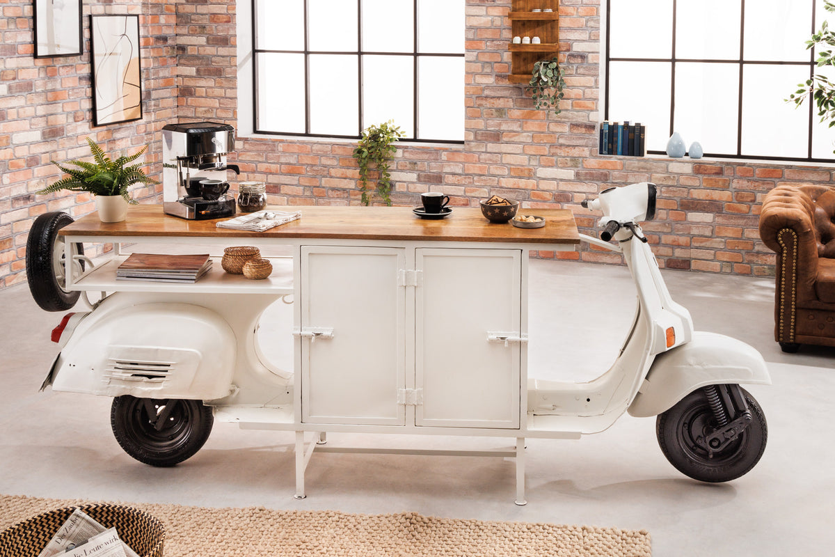 SCOOTER Extravagant bar cabinet 250cm white retro console motor scooter with mango wood upcycling