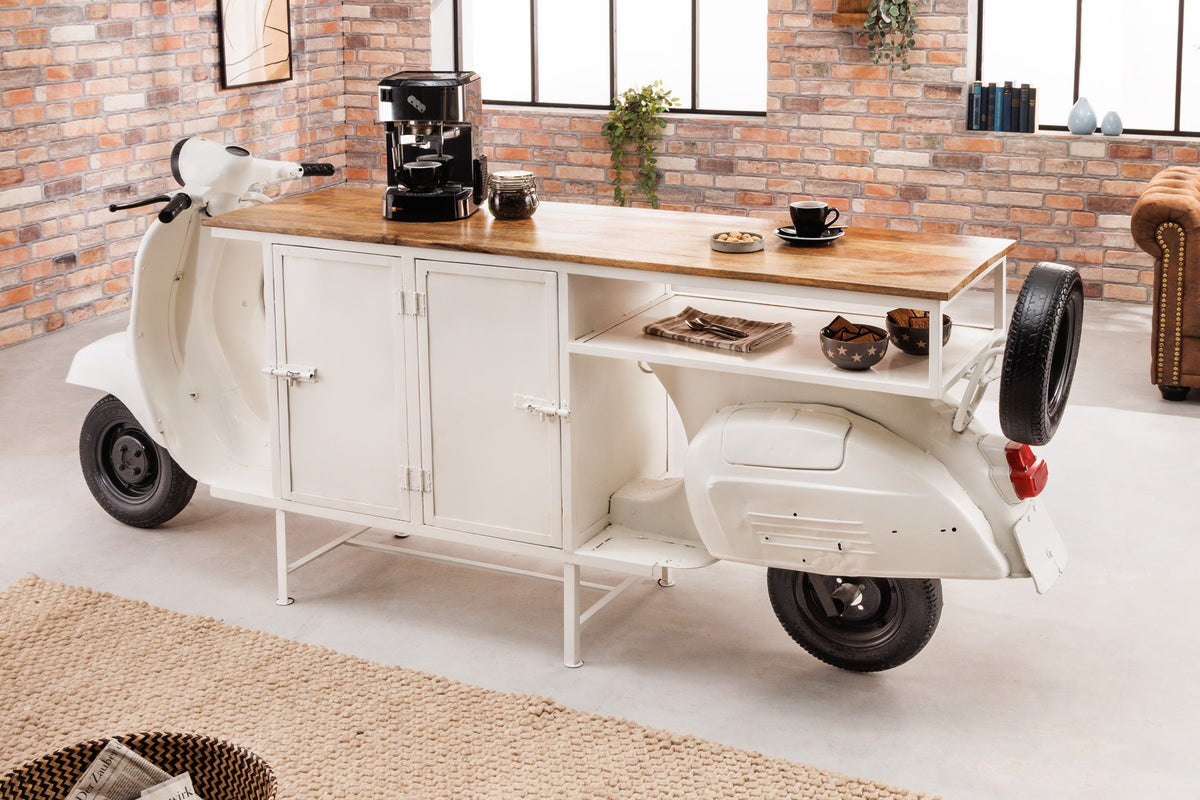 SCOOTER Extravaganter Barschrank 250cm weiß Retro-Konsole Motorroller mit Mangoholz Upcycling