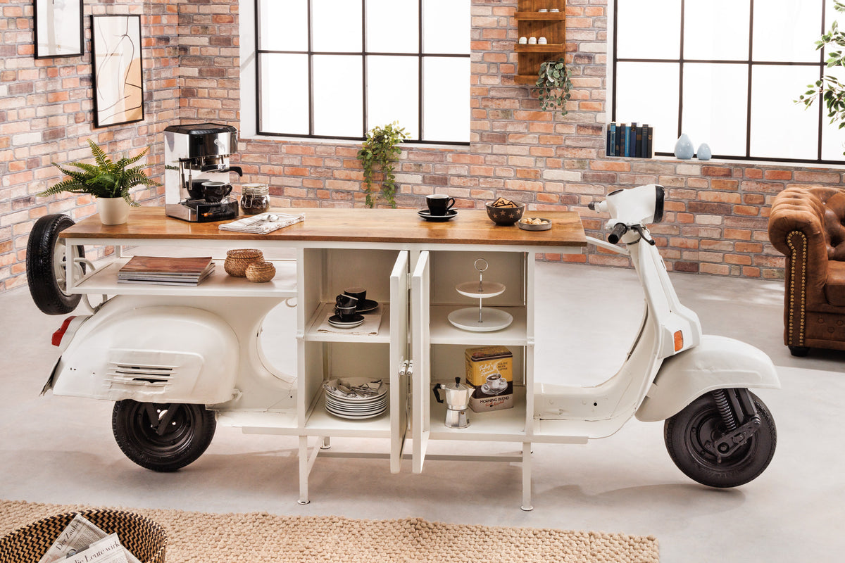 SCOOTER Extravagant bar cabinet 250cm white retro console motor scooter with mango wood upcycling