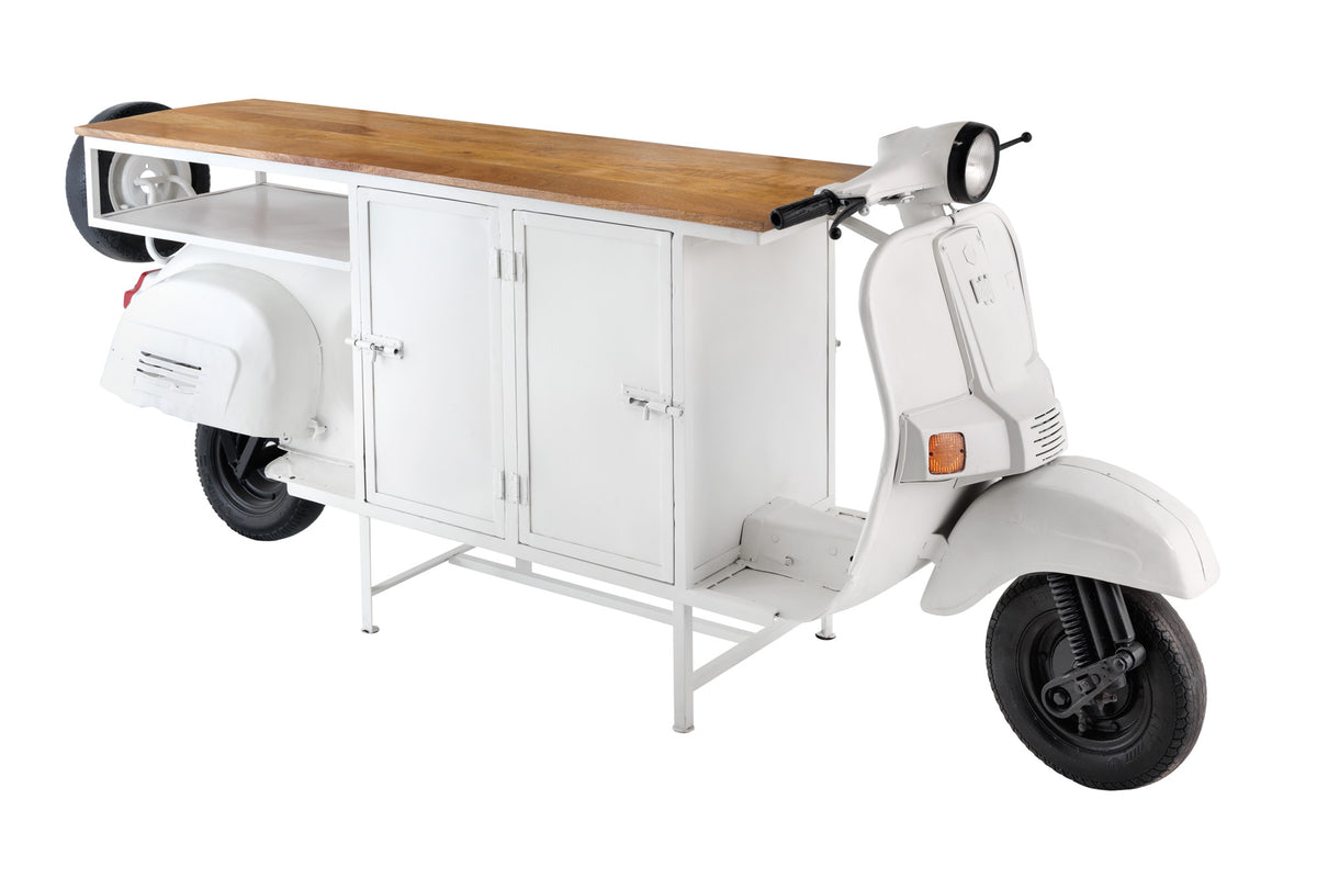 SCOOTER Extravagant bar cabinet 250cm white retro console motor scooter with mango wood upcycling