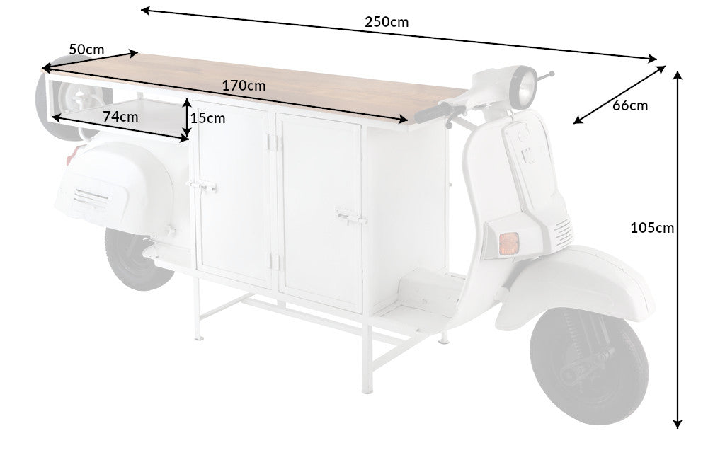 SCOOTER Extravaganter Barschrank 250cm weiß Retro-Konsole Motorroller mit Mangoholz Upcycling