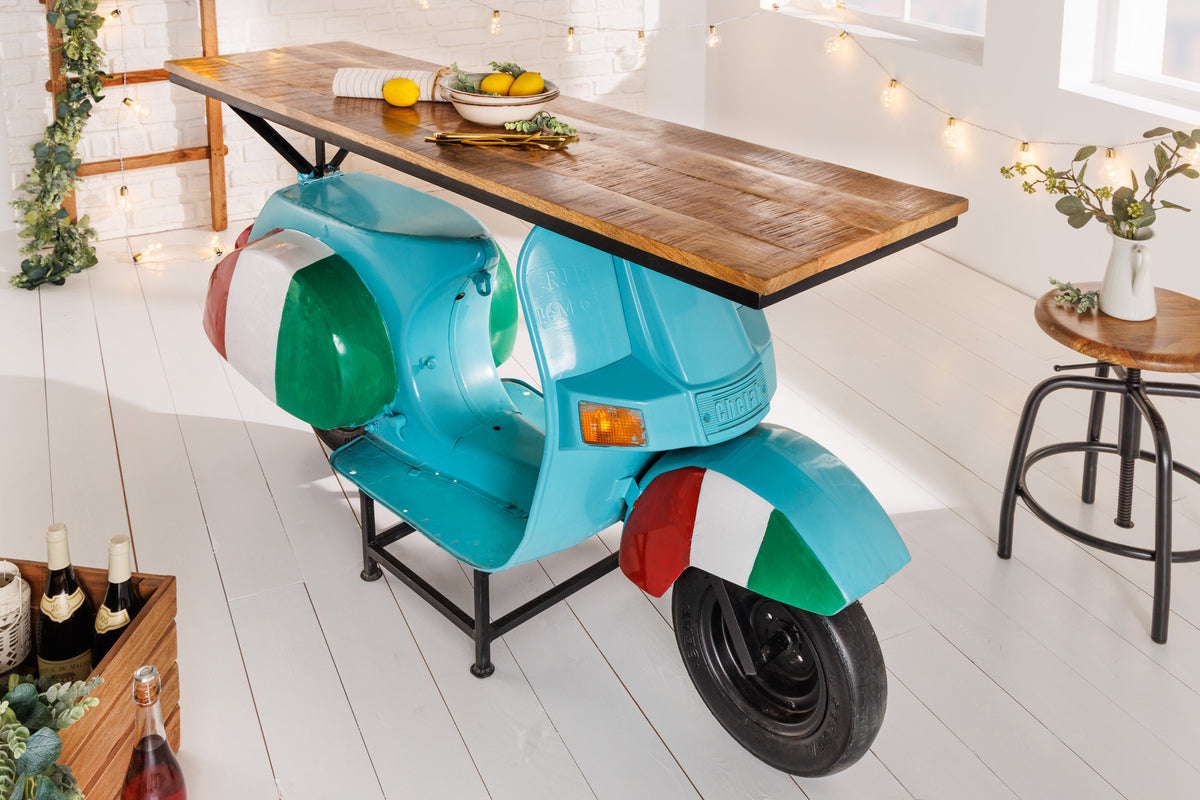 SCOOTER Extravagant bar counter 166cm turquoise Italia look with mango wood scooter upcycling