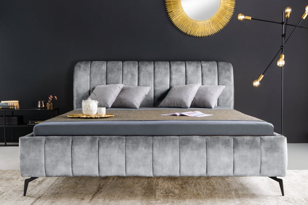 AMSTERDAM retro double bed 160x200cm gray velvet industrial design