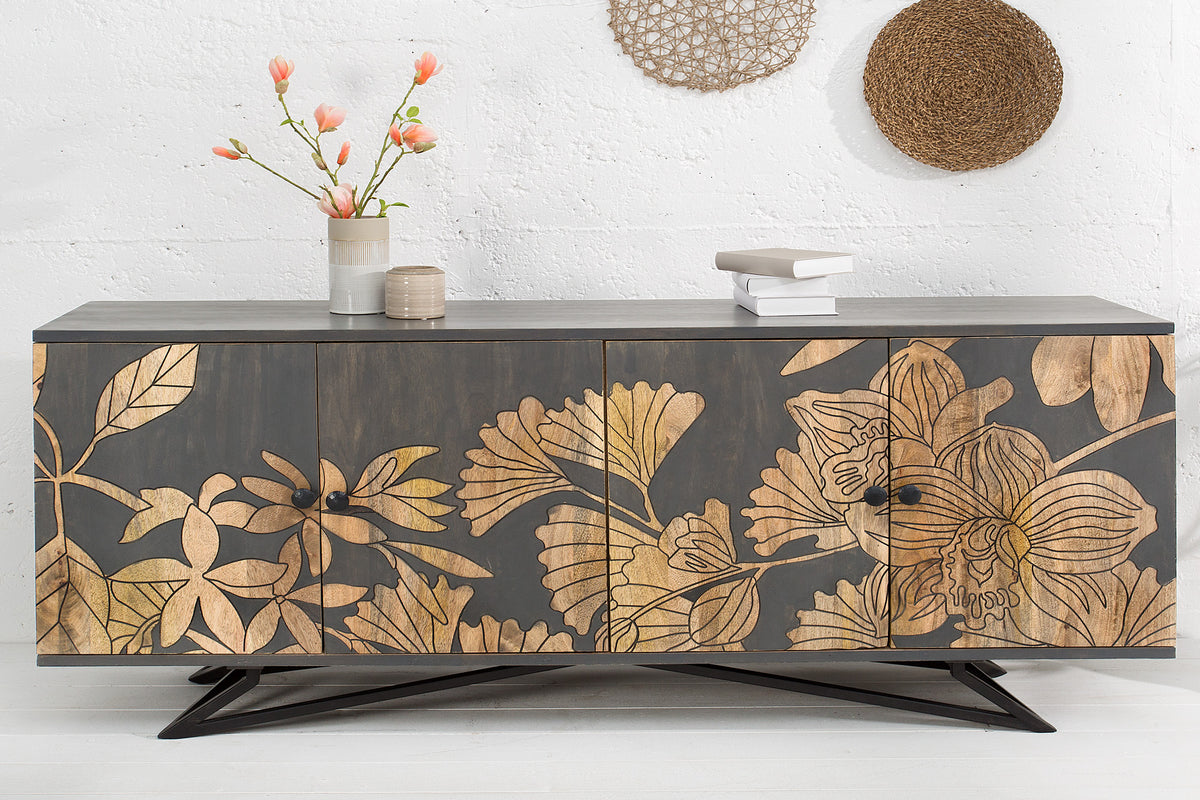 JUNGLE Massives Sideboard 160cm grau Mangoholz florales Design Boho Metallgestell