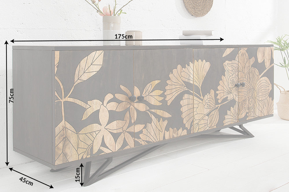 JUNGLE Massives Sideboard 160cm grau Mangoholz florales Design Boho Metallgestell