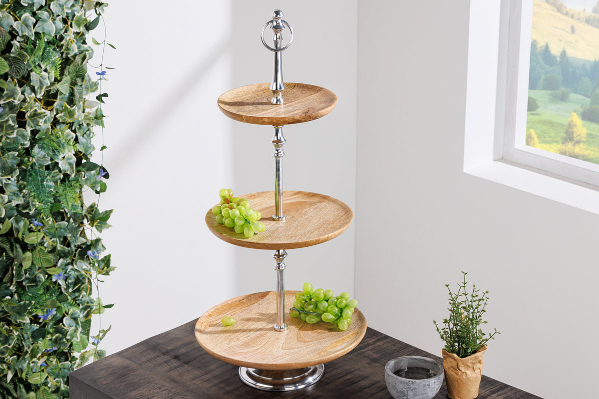 Dekorative Etagere PURE NATURE 68cm silber Mangoholz handmade drei Eta – Sitheim