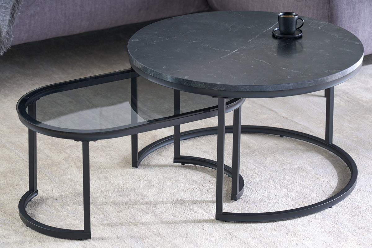 2er Set Couchtisch ELEGANCE 70cm schwarz Marmor-Design Glasplatte Metallgestell rund oval