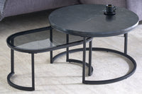 2er Set Couchtisch ELEGANCE 70cm schwarz Marmor-Design Glasplatte Metallgestell rund oval