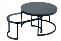 2er Set Couchtisch ELEGANCE 70cm schwarz Marmor-Design Glasplatte Metallgestell rund oval