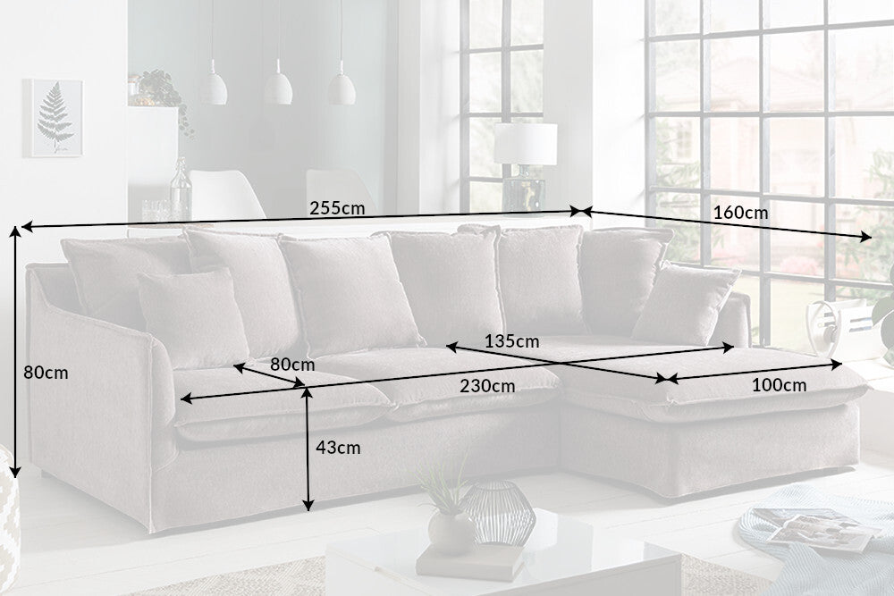 Großes Ecksofa HEAVEN 255cm grau Cord Federkern inkl. Kissen