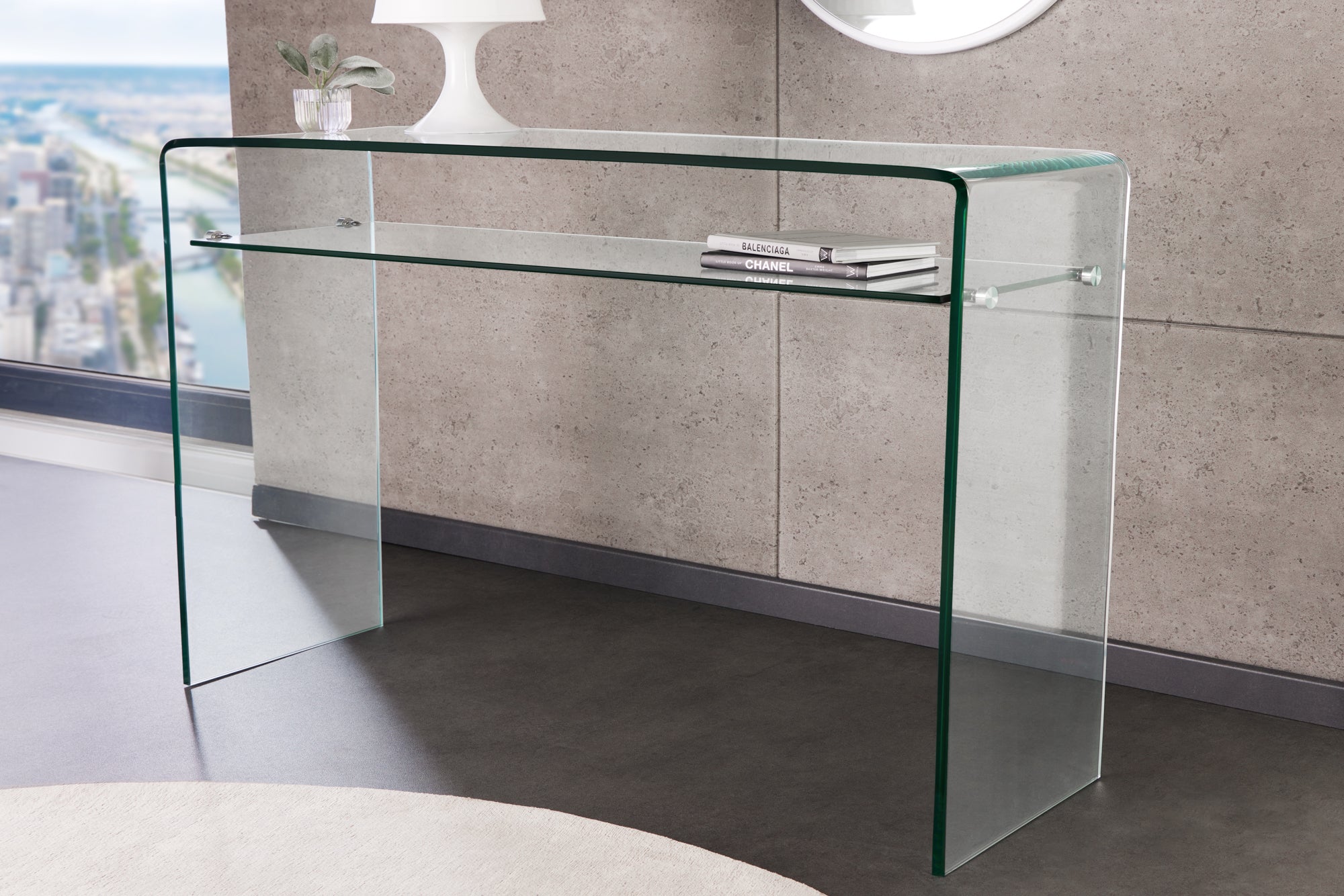 FANTOME Design Konsolentisch 100cm Glas transparent mit Ablage – Sitheim