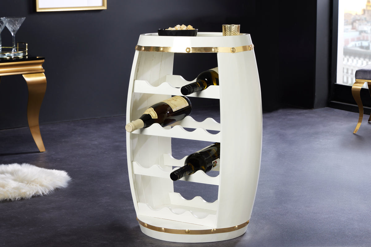 BODEGA WHITE Design Weinfass 65cm weiß gold Pinie Flaschenregal 14 Flaschen