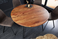 SCORPION round dining table 120cm natural acacia solid wood hairpin legs retro design