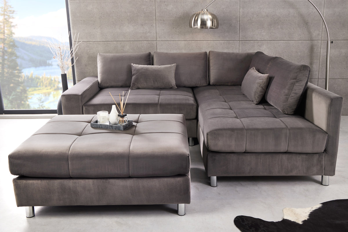 Modernes Ecksofa KENT 220cm silbergrau Samt Federkern Wohnlandschaft inkl. Hocker