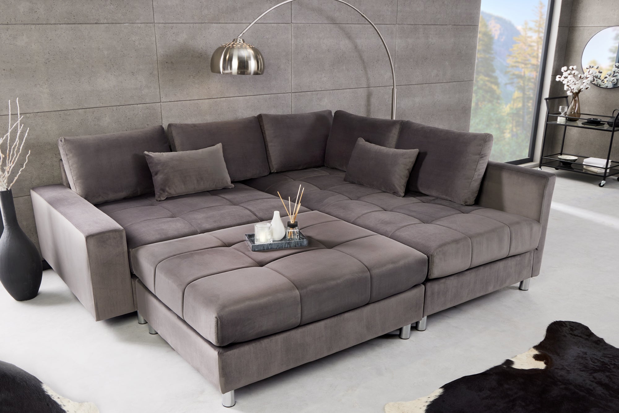 HEAVEN Large corner sofa 255cm gray linen fabric including cushions country house style
