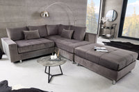 Modernes Ecksofa KENT 220cm silbergrau Samt Federkern Wohnlandschaft inkl. Hocker