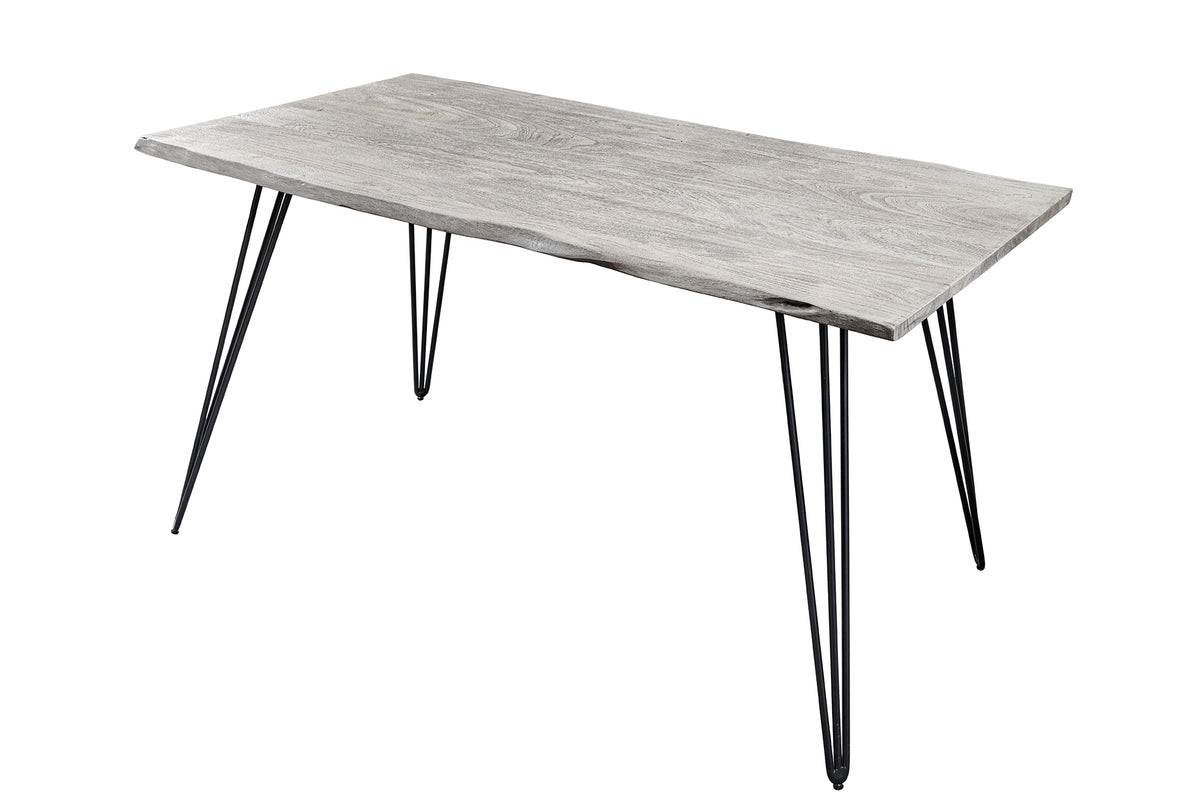 SCORPION Massivholz Esstisch 140cm grau Akazie Baumkante schwarze Metallbeine Hairpin Legs