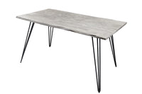 SCORPION Massivholz Esstisch 140cm grau Akazie Baumkante schwarze Metallbeine Hairpin Legs