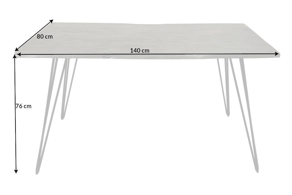 SCORPION Massivholz Esstisch 140cm grau Akazie Baumkante schwarze Metallbeine Hairpin Legs