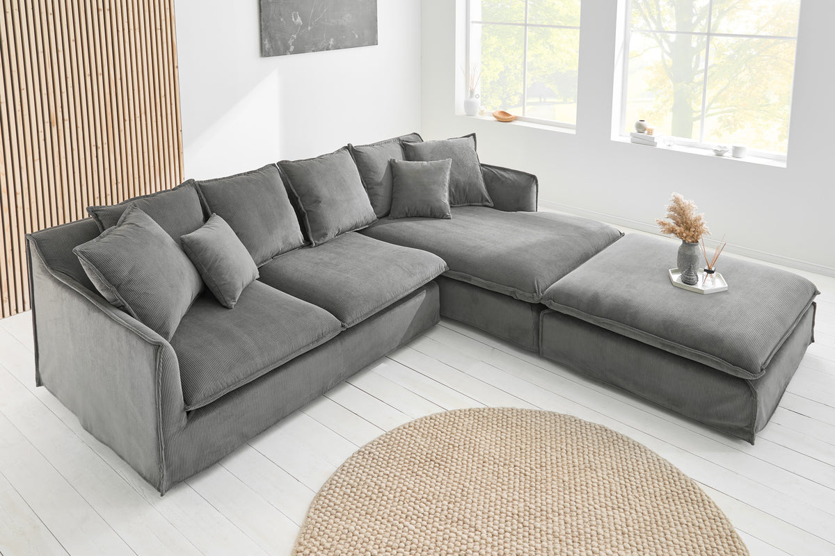 Großes Ecksofa HEAVEN 255cm grau Cord Federkern inkl. Kissen