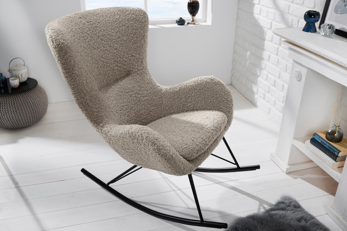 SCANDINAVIA SWING Design Schaukelstuhl greige Bouclé Sessel schwarz Metall