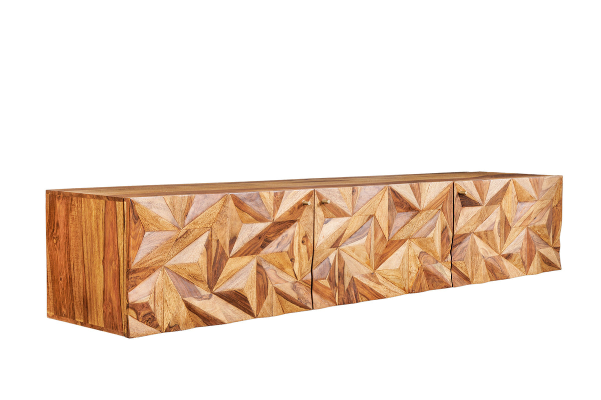 ALPINE Hängendes TV-Lowboard 160cm natur Sheesham Massivholz stone finish Metall matt gold