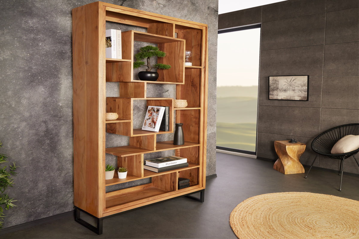 Massivholz Bücherregal CUBUS 190cm Akazie honey finish Metallfüße schwarz Standregal