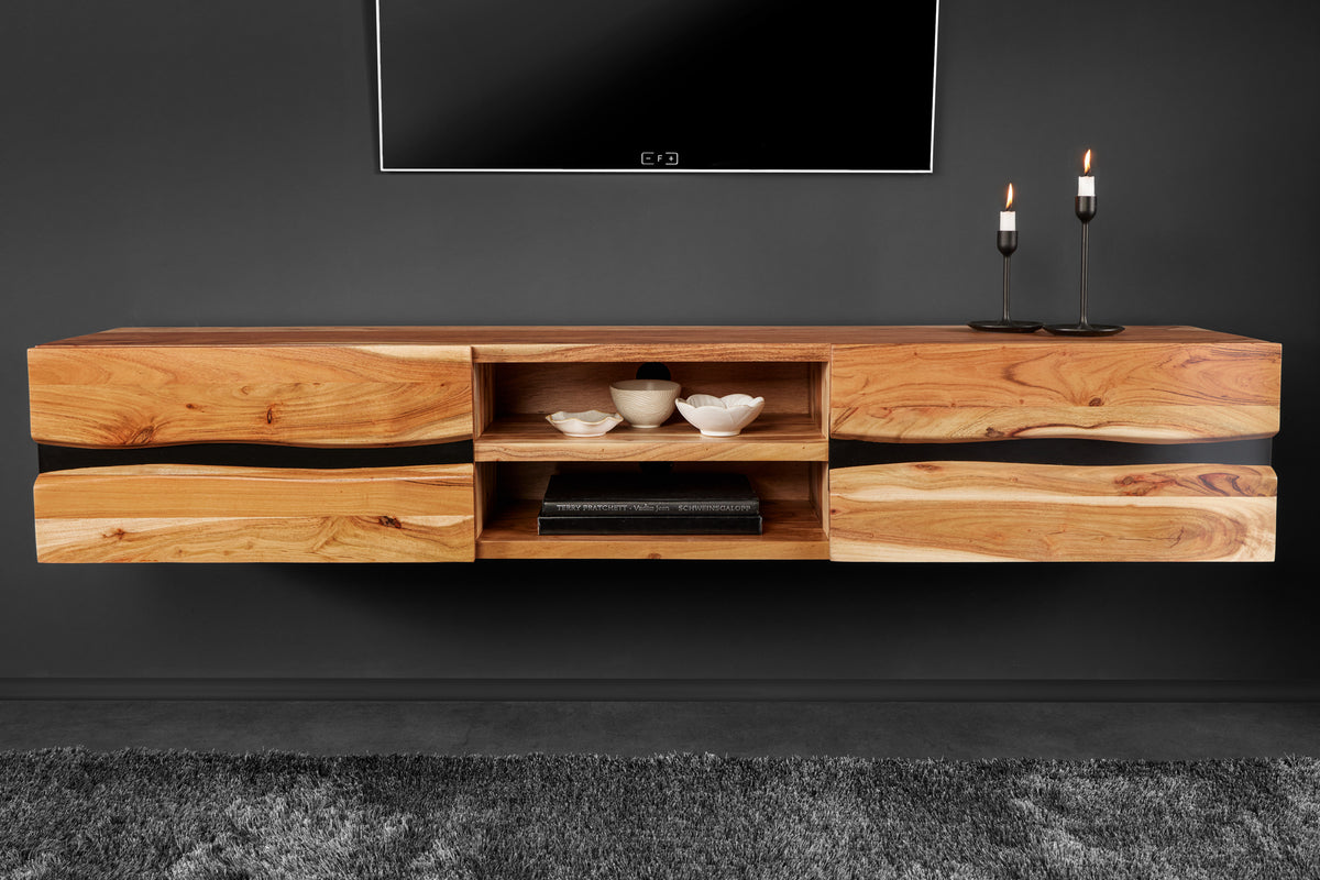 AMAZONAS Hängendes TV-Lowboard 160cm natur Akazie Massivholz Baumkante Metall schwarz