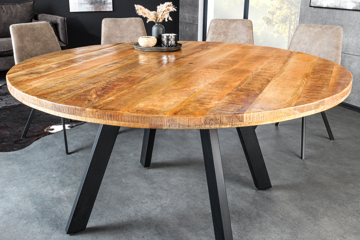 IRON CRAFT Solid dining table 145cm natural round mango wood metal industrial design