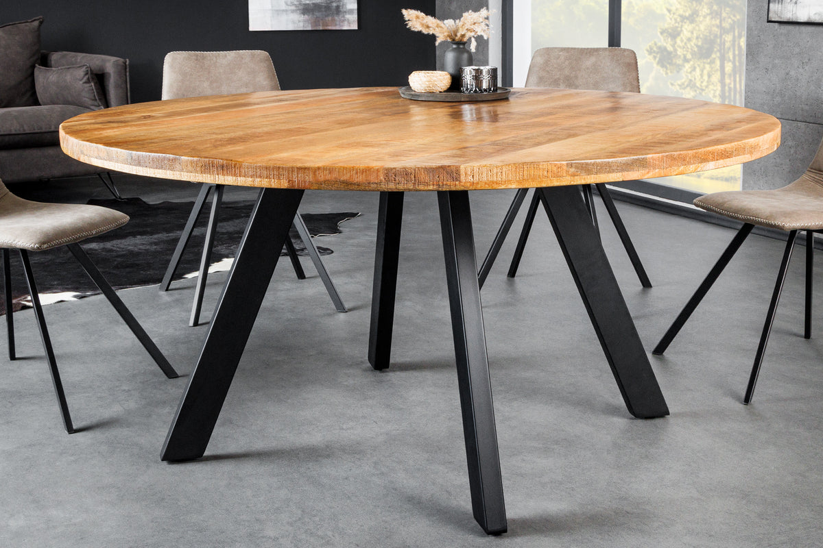 IRON CRAFT Solid dining table 145cm natural round mango wood metal industrial design