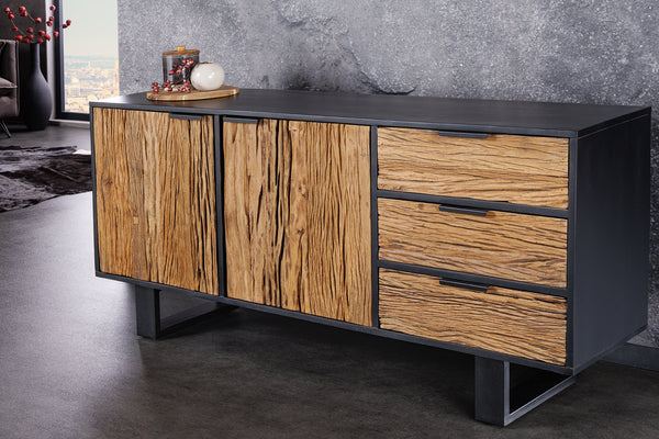 Massivholz Sideboard BARRACUDA 150cm Teak Mango schwarz Metall recycelt